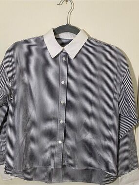 J. Crew Navy & White Striped Button-Down Shirt with White Collar